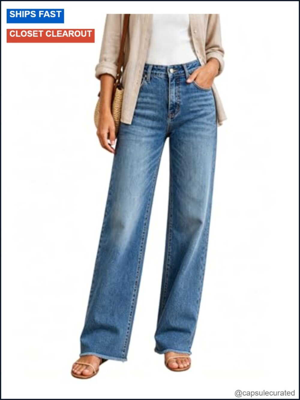 High Waisted Jeans Stretchy Straight Leg Loose Fit Tummy Control Raw Hem Denim